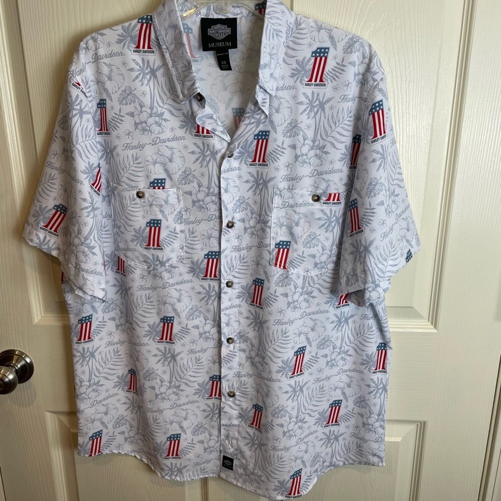 Harley-Davidson Men's White Short Sleeve Americana Hawaiian Shirt - Picture 2 of 12